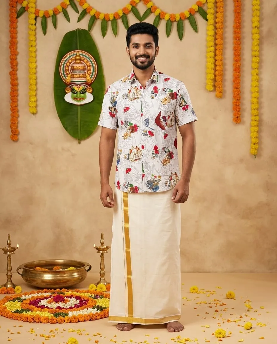 Kerala Ivory Floral Festive Gold Kara Mundu Dhoti Shirt Set
